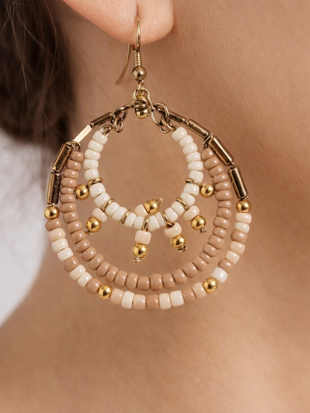 Women's Vintage Gold tone, White & Brown Multi-Strand  Beaded Teardrop Earrings